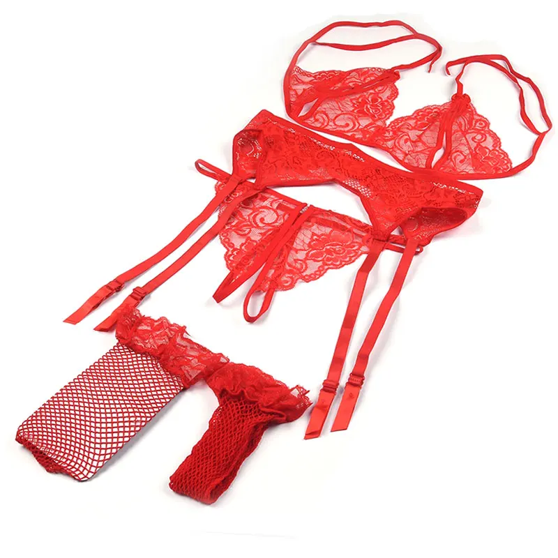 New 4 Pcs Set Women Sexy Underwear Lingerie Hot Erotic Open Bra Crotch Lace Costumes With Bow Garter Belt Fishnet_voghion.com