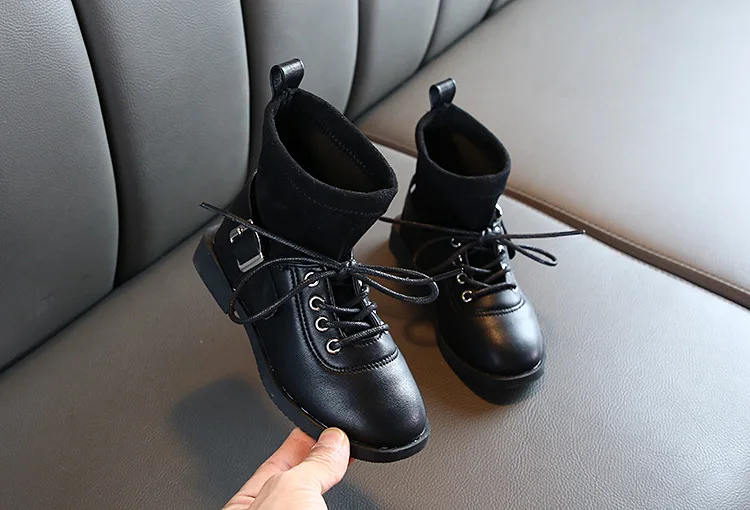 ULKNN Children Boots Leather Autumn Winter Kids Boots Lace-Up Boys Girls Snow Boots Shoes Child Martin Boots