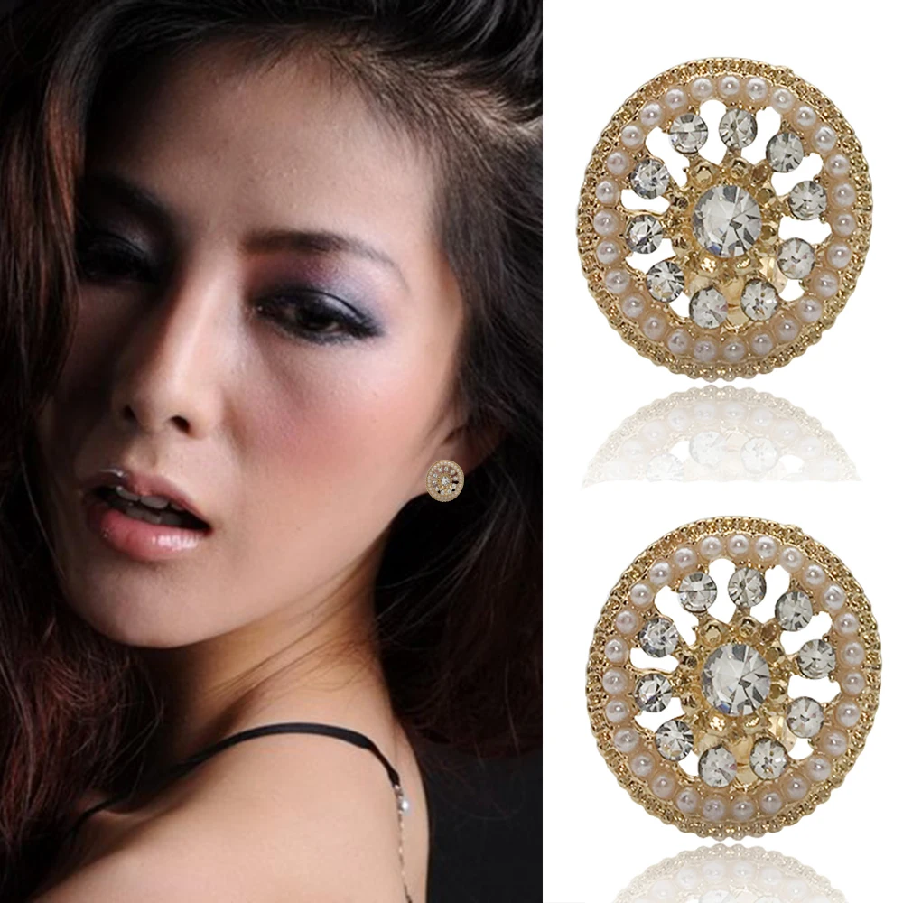 Europe Simple Natural Hollow Rhinestone Earrings Personalized Fashion Pearl Round Clip on Earrings Jewelry for Wonen