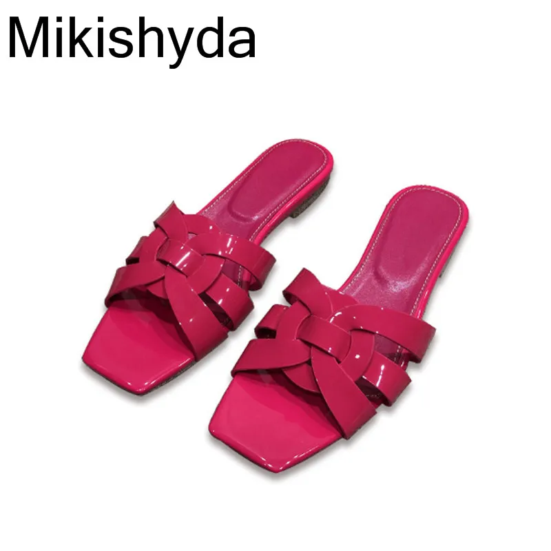 

Summer Pinkycolor One Strap Ladies Flat Bottomed Slippers Open Toe Real Leather Cross Weaving Outdoor Slippers Woman