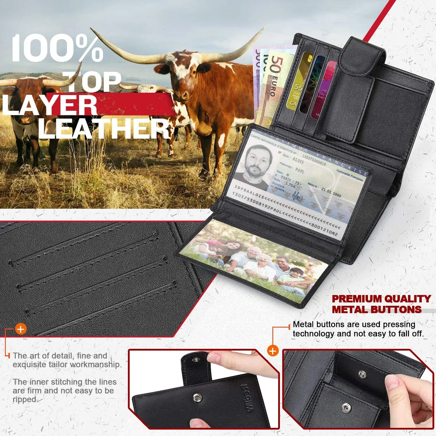 Men Genuine Leather Wallet Business Purse RFID Card Holder Transparent Windows Bank Note Coin Compartment Black 2