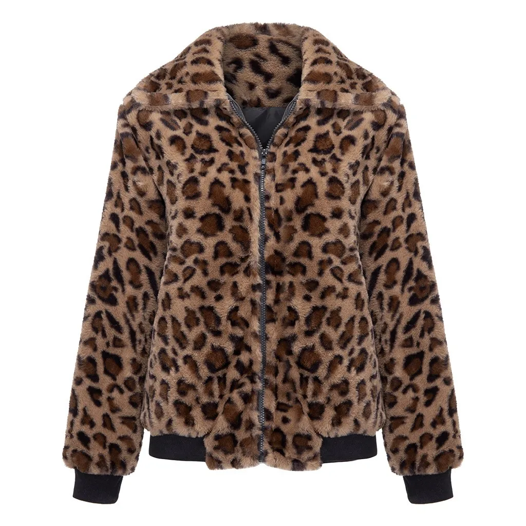 Новинка, сексуальная Женская куртка, Осень-зима, леопардовая куртка, флисовый кардиган с длинными рукавами, на молнии, сохраняющее тепло, пальто, chaqueta mujer - Цвет: Коричневый