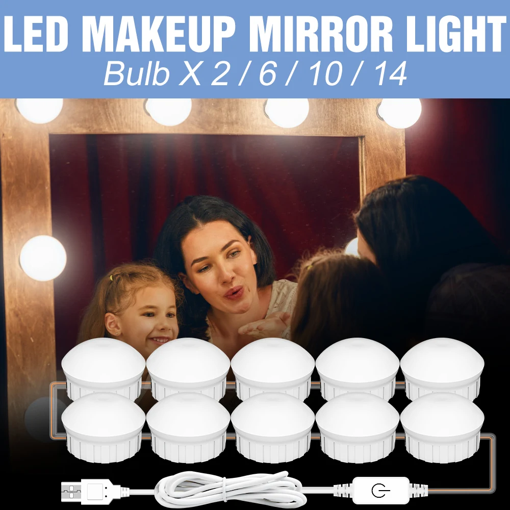 

USB Makeup Vanity Light LED Hollywood Touch Dimmable Cosmetic Lamp 12V Dressing Table Mirror Light LED Wall Lamp 6 10 14Bulb Kit