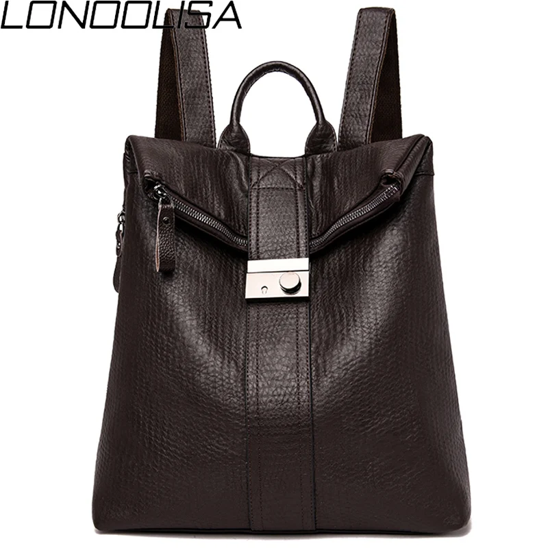 

LONOOLISA Japan Style Lock Women Leather Backpack 2019 Female Bagpack Ladies Travel Back Pack School Bags For Teenage Girls Sac