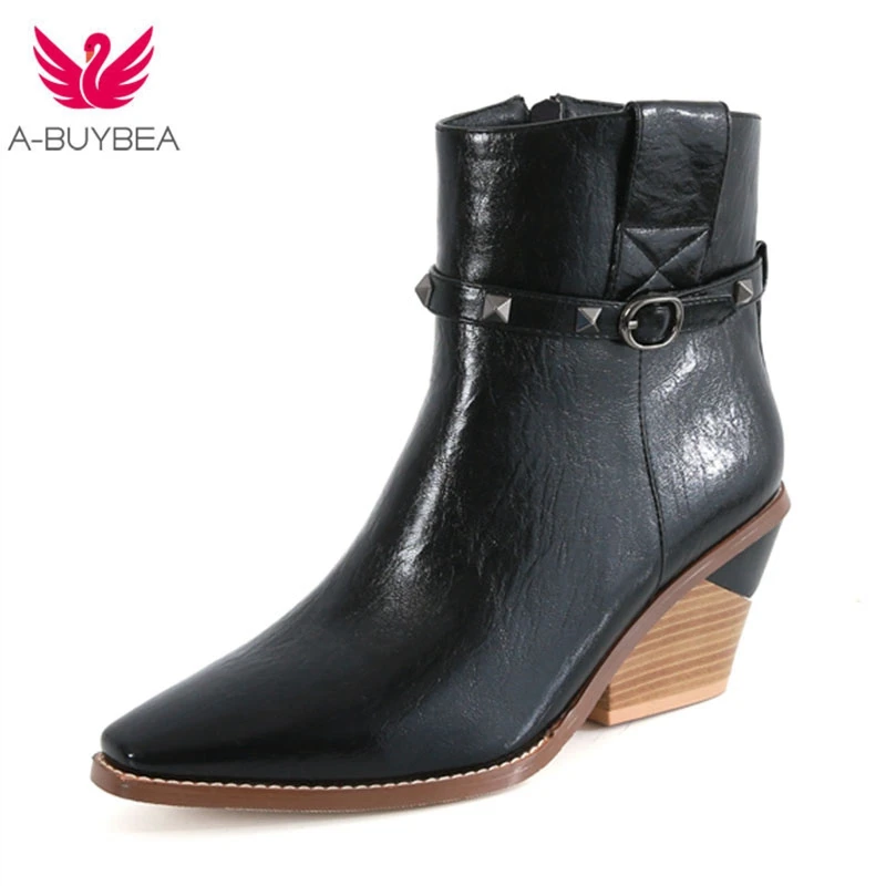 

2019 New Cowboy Ankle Boots Women Pointed Toe Rivet Wedges Heel Boots Woman Fashion Western Boots Zip Shoes Female botines mujer