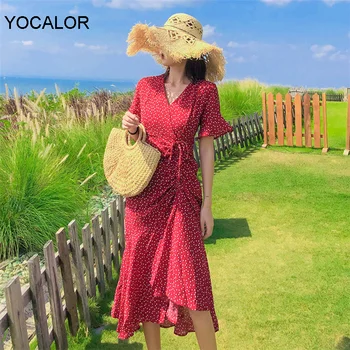 

Yocalor Fashion Red Summer Women Dress Casual Drawstring High Waist Holiday Floral V-neck Vintage Chiffon Boho Long Vestido
