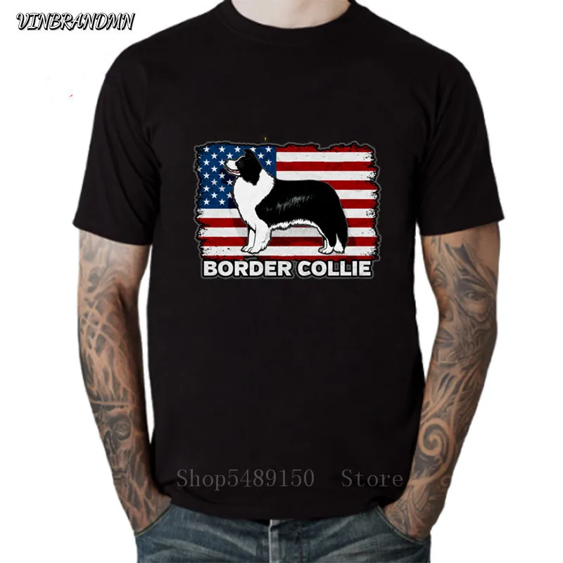 Футболка Border Collie Dog с американским флагом Мужская хипстерская классная футболка