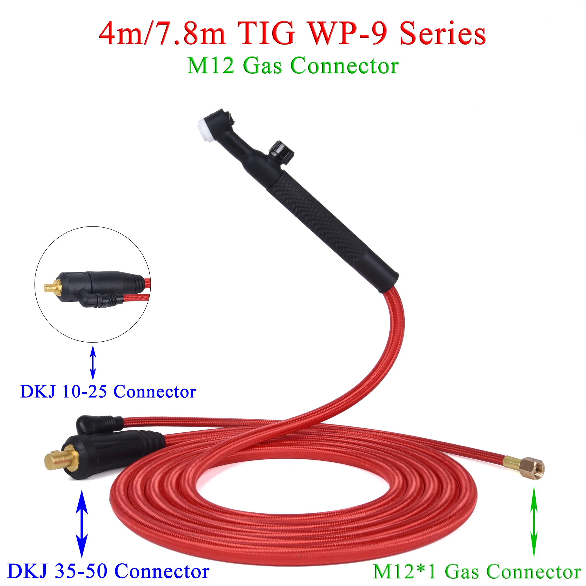 

4M/13ft 7.8M/25.6ft WP9F 9FV TIG Welding Torch Soft Hose Cable Wires M12*1mm Gas Connector DKJ 10-25 35-50 Power Connector