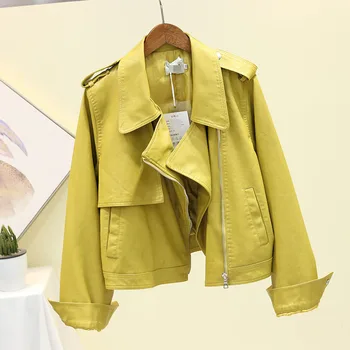 

Locomotive Leather Jacket Women's 2020 Autumn New Korean Suit Collar Loose Short PU Leather Coat Lady Casual Jackets Crop Top