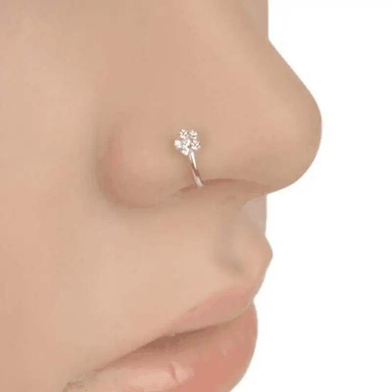 Men Women Fake Crystal Nose Piercing Body Jewelry Floral Hoop Nostril Ring Tiny Flower Helix Cartilage Tragus | Украшения и