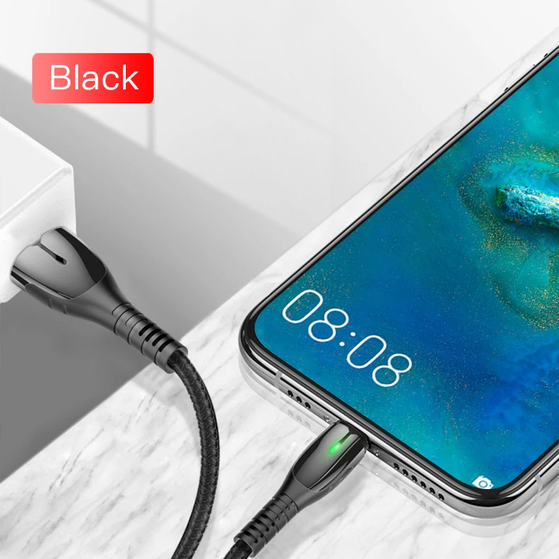 Black Yesido CA43 2.4A type C кабель для samsung huawei mate 30 Xiaomi LG быстрое зарядное устройство кабель передачи данных для аndroid светодиодное освещение USB шнур для телефона - Цвет: Black
