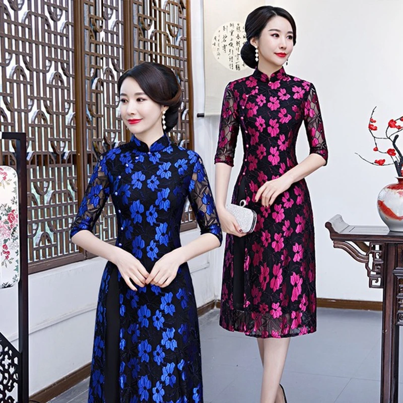 Китайское традиционное ежедневное улучшение ретро темперамент женское Aoqi cheongsam новое место элегантное тонкое повседневное кружевное платье cheongsam