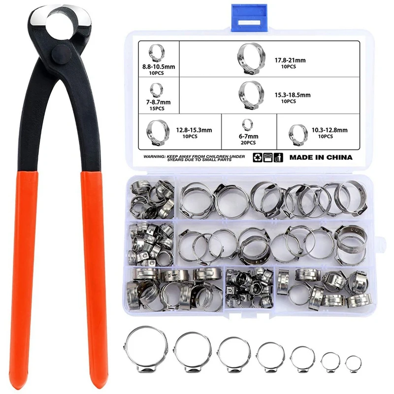 New-85PCS Stainless Steel 6-21Mm Single Ear Hose Clamps Clamp Set Belt Rings With Clamping Pliers |