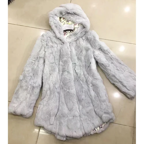 light gray Брендовая длинная стильная настоящая Меховая куртка рекс меховой капюшон Женская Шуба из кролика Рекс ручной работы натуральный мех кролика Рекс с капюшоном пальто - Цвет: light gray