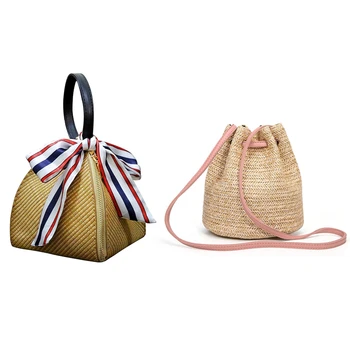 

1Pcs Chic Women Straw Handwoven Convertible Tote Crossbody Shoulder Bag & 1Pcs Summer Straw Bucket Bag Weave Purse Handbag Fring