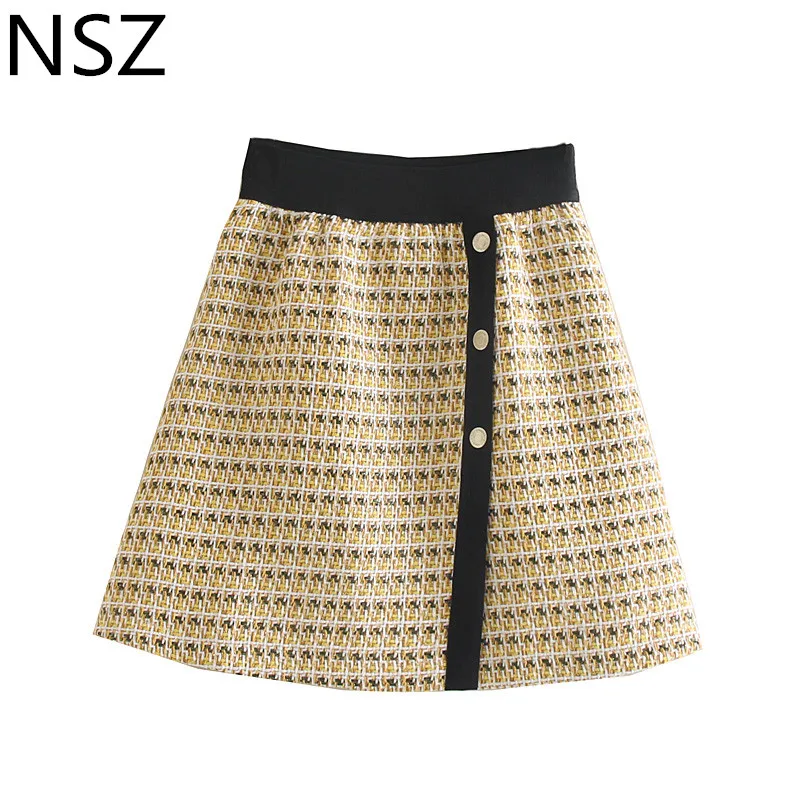 

NSZ Women Vintage Plaid Tweed Skirt Autumn Winter Checked High Waist Button Decoration Houndstooth Mini Skirts Faldas mujer