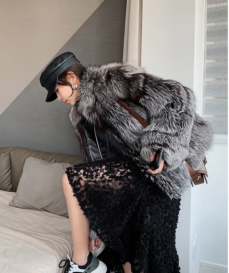 Ftangaiur Winter Import Sliver Fox Fur Coat New Women's O-Neck Solid Weave Loss Fox Coats Medium Natural Real Fox Fur Coats