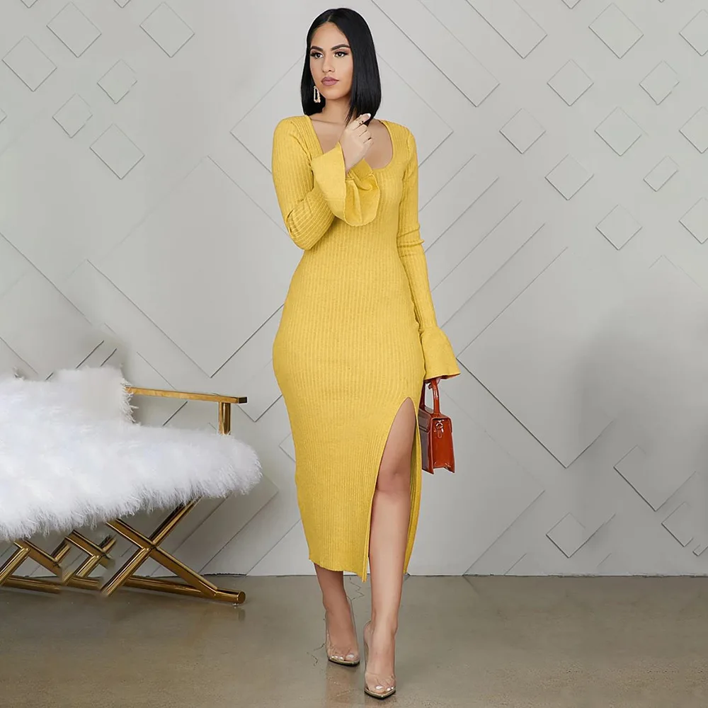 WannaThis Sexy Split Midi Dresses Ribbed Knitted Flare Long Sleeve Skinny Elastic O-neck Elegant Slim Party Long Dress Slit Hem