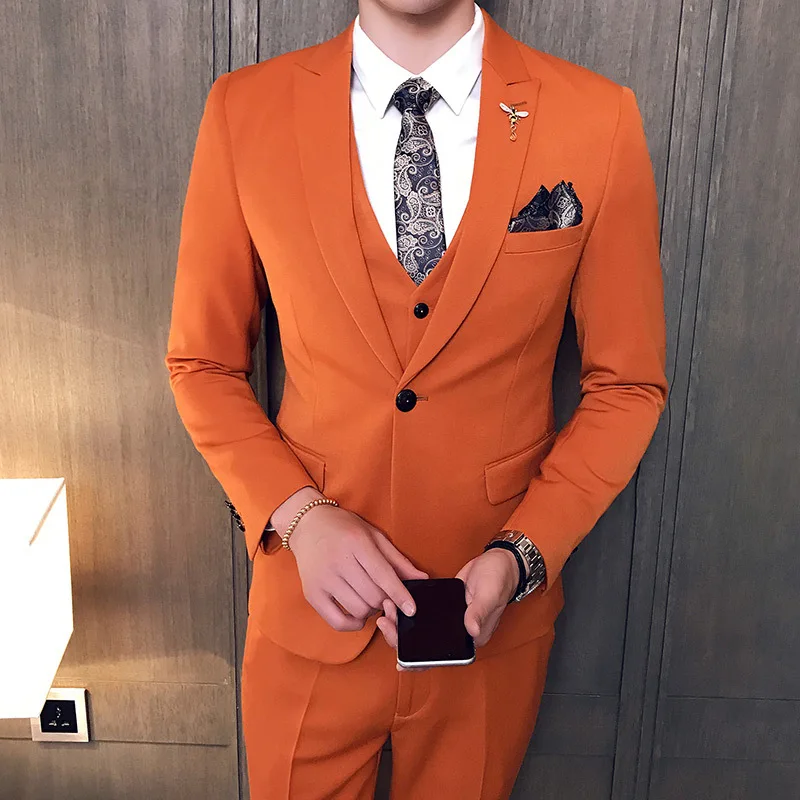 Для мужчин костюм Slim Fit Бизнес мужской костюмы в английском стиле Стиль Свадебные смокинги женихов человек вечернее платье костюмы Комплект из 3-х предметов - Цвет: orange