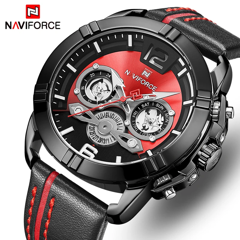 Мужские часы Топ бренд класса люкс Большие мужские кожаные спортивные NAVIFORCE