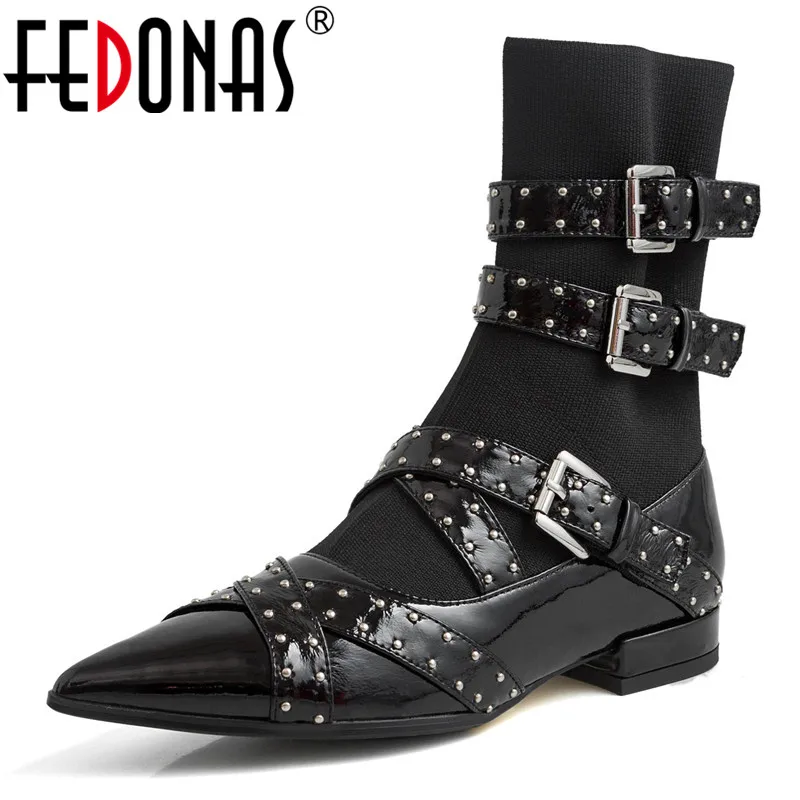 

FEDONAS Punk Buckle Women Ankle Boots Black Pointed Toe Motorcycle Boots Night Club Shoes Woman Winter Warm Genuine Leather Boot