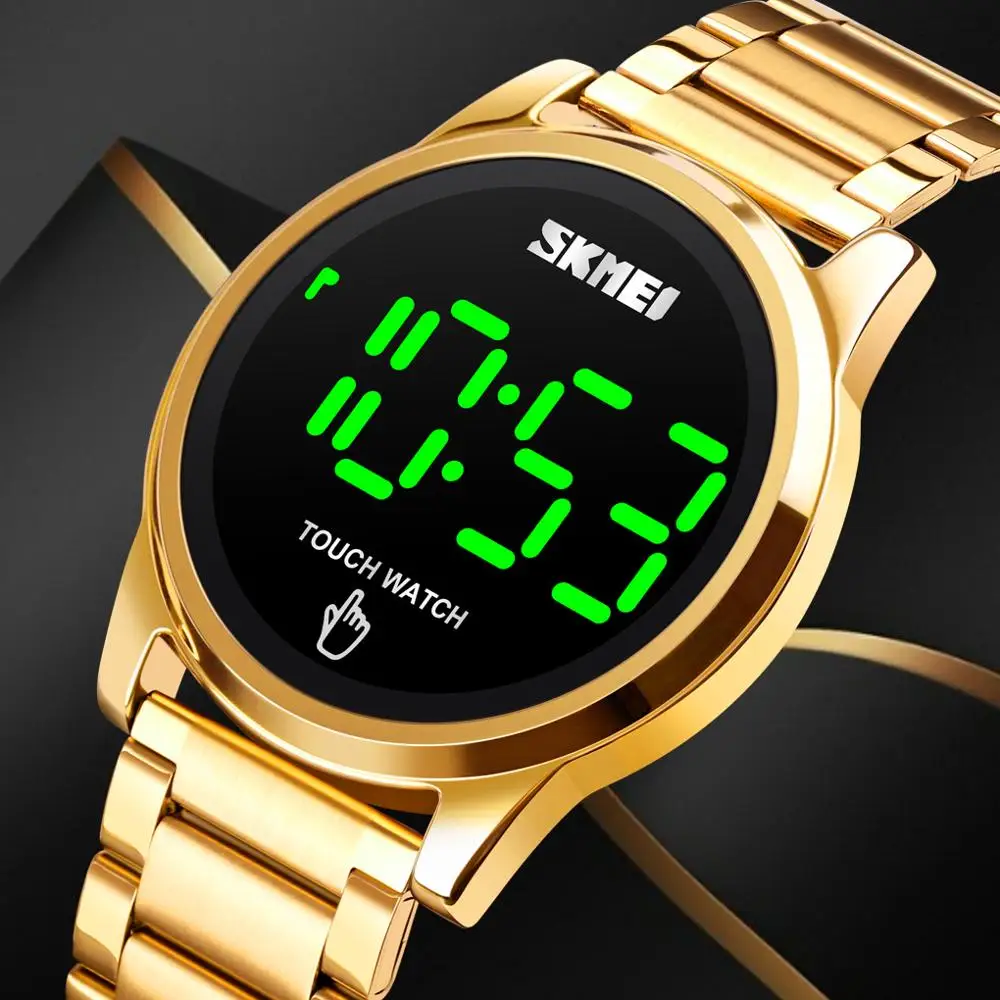 

SKMEI Big Digital Touch Screen LED Men's Watch Waterproof Electronic Clock Golden Steel Male Wristwatch relogios masculino 1684