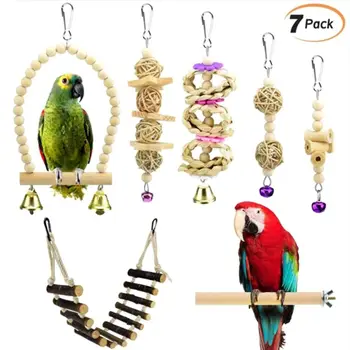 

7Pcs Parrot Chew Toys Natural Wood Bird Swing Climbing Hanging Perch Bell Ball