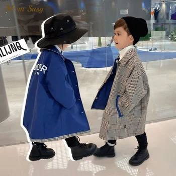 Baby Boy Girl Long Plaid Jacket Infant Toddler Child Trench  Reversible Windbreaker Coat Spring Autumn Baby Clothes 1-12Y
