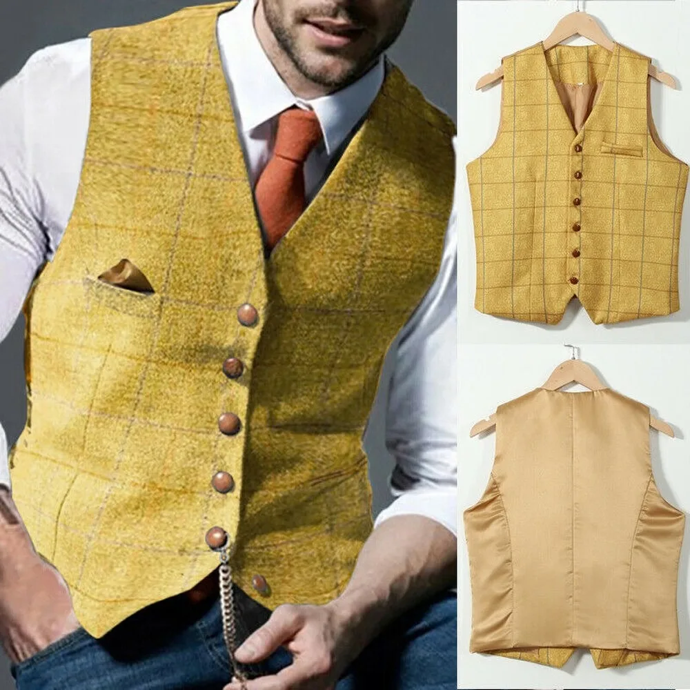 Men Yellow Business Waistcoat Sleeveless Vneck Vintage Singlebreasted