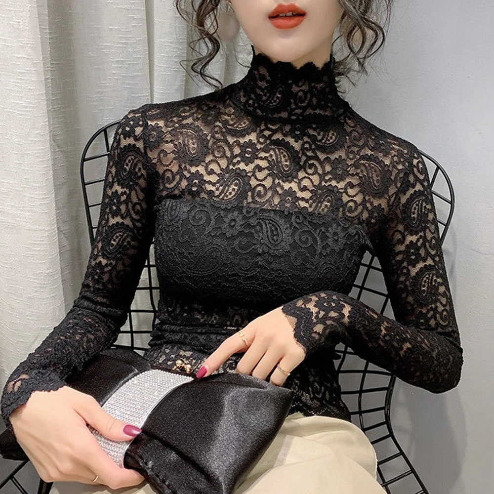 2021 New Transparent Korean Loose Women Lace Blouse 13