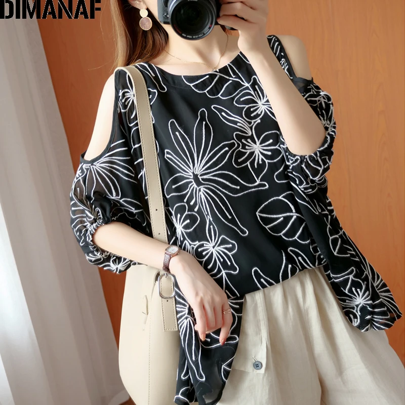 

DIMANAF Plus Size Women Blouse Shirt Summer Embroidery Floral Elegant Fashion Lady Tops Tunic Cotton Loose Clothing Off Shoulder