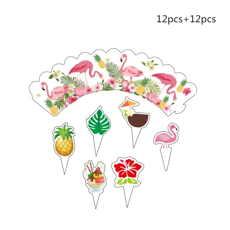 Hawaiian Luau Party Decoration Flamingo Tropical Palm Leaves Tableware Paper Plates Cups Pineapple Summer Birthday Party Decor - Цвет: Cake Wrapper 12set