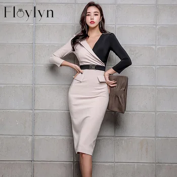 

Elegant V-neck Hit Color Women Dress Sashes Patchwork Mid-length Pencil Dress OL Style Sheath Bodycon Female Vestidos 2020