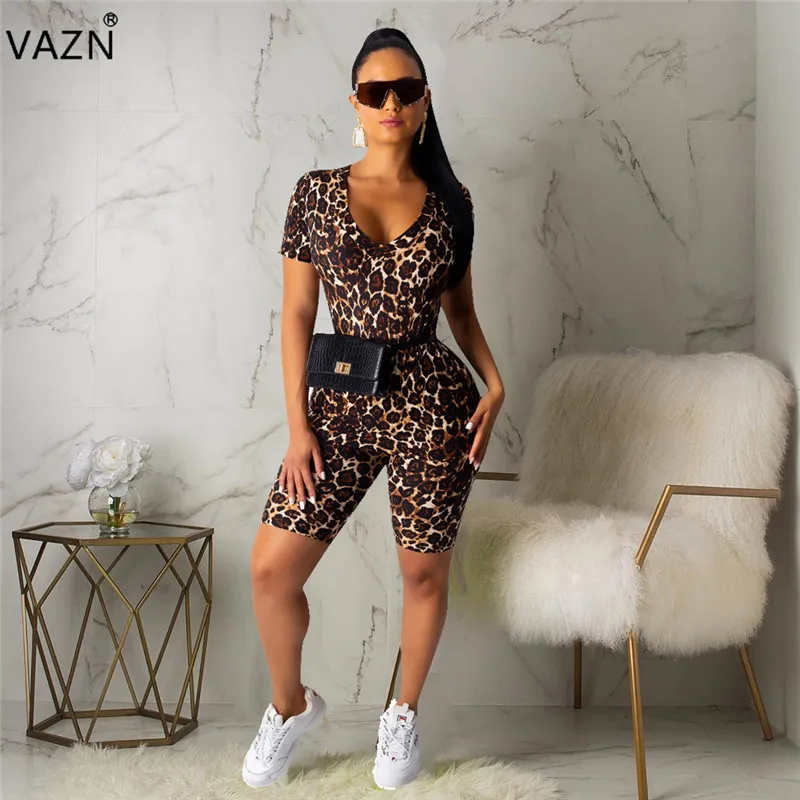 

VAZN SMN3114 New Vintage Office Untidy Designer Leopard Print Young Casual Short Sleeve Group Short Pants Slim Women 2 Piece Set