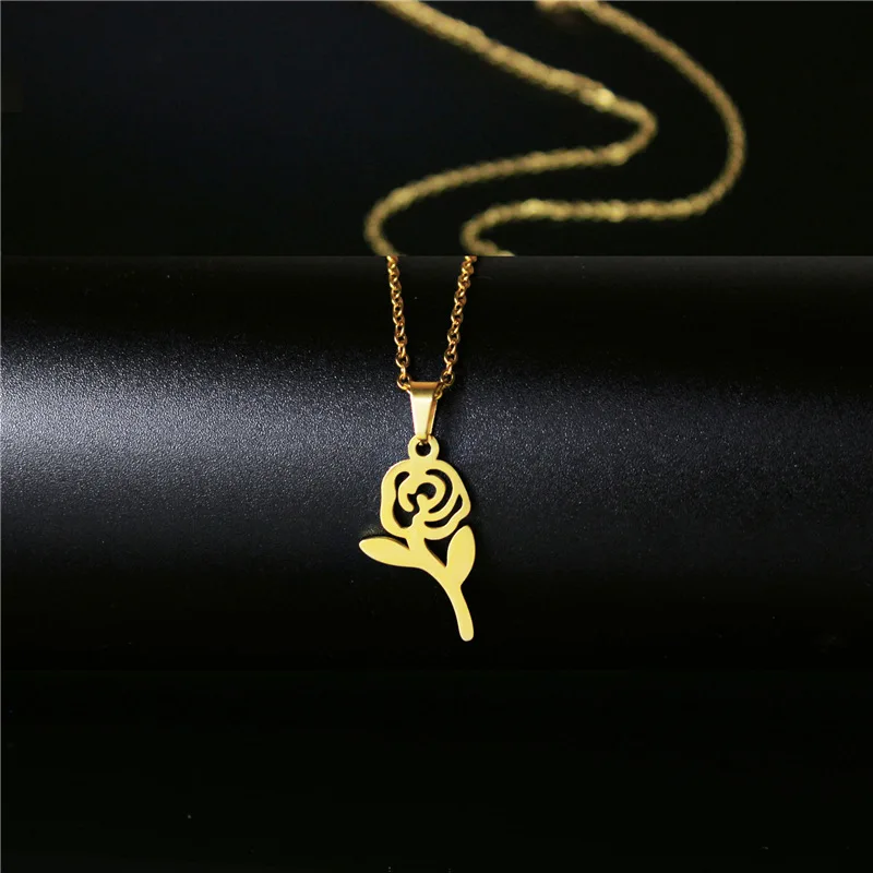 Fashion Rose Flower Pendant Necklace for Women Lovers Gold Charm Stainless Steel Choker Jewelery Sweater Chain | Украшения и