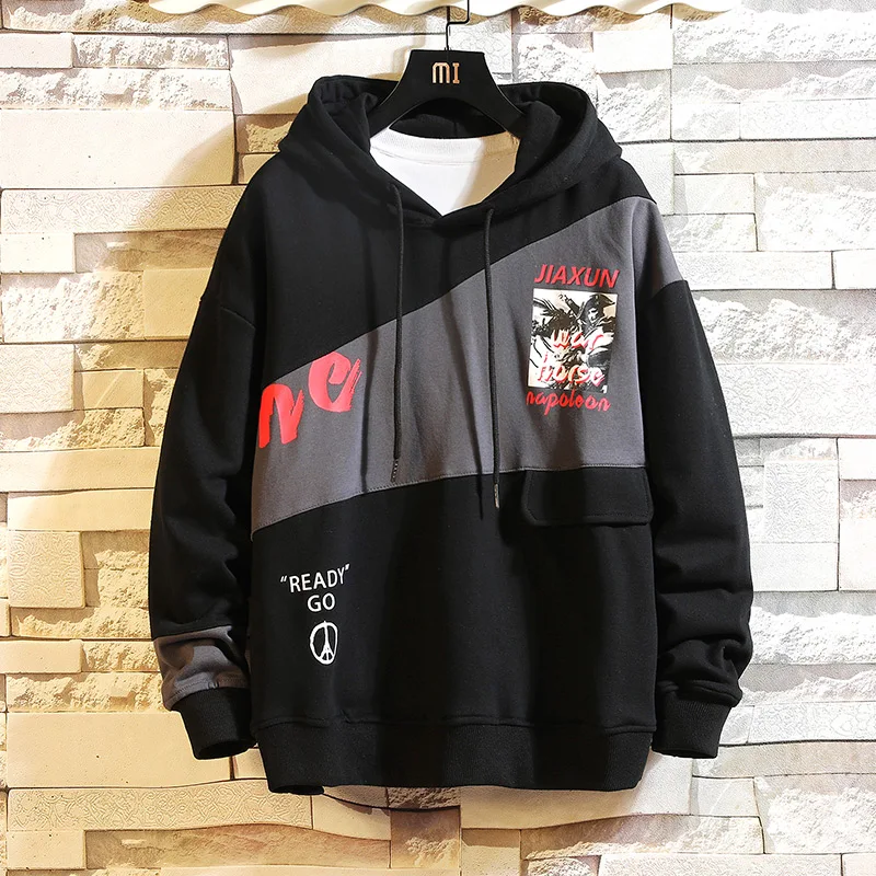 

CYXZFTROFL 2019 Autumn Winter Loose Men Pullover Sweatshirt Hoodies New Fashion Hooded Contrast Stitching Plus Size Tracksuits 2