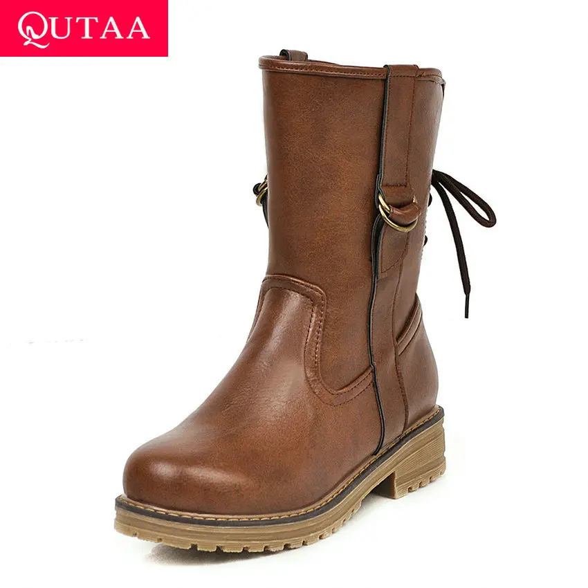QUTAA/ г. Осенне-зимние ботинки до середины икры с круглым носком на низком квадратном каблуке из искусственной кожи Повседневная Нескользящая женская обувь на шнуровке Большие размеры 34-43