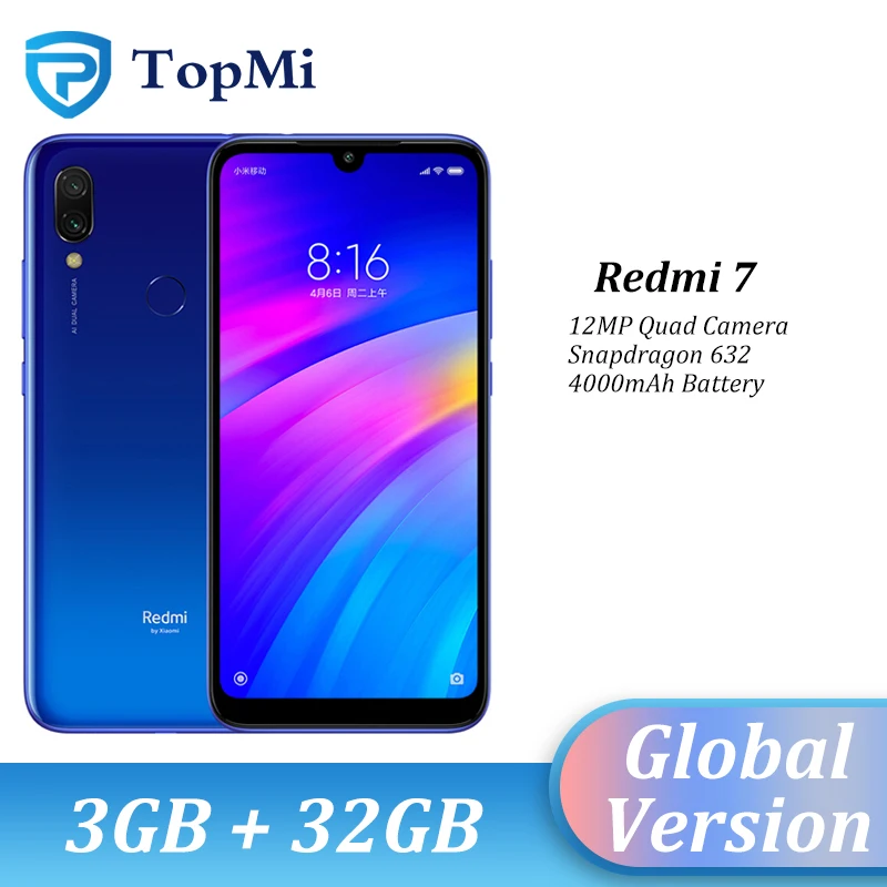 

Global Version Xiaom Redmi 7 3GB RAM 32GB ROM Smartphone 4000mAh Spnadragon 632 12MP Dual Camera 6.26" Water Drop Cellphone