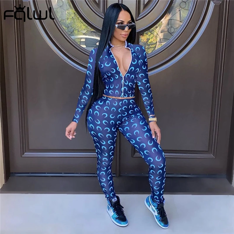 FQLWL Streetwear estampado de luna de chándal de mujer 2, conjunto de dos piezas de las mujeres Sexy trajes de manga larga Top Legging conjuntos 2020