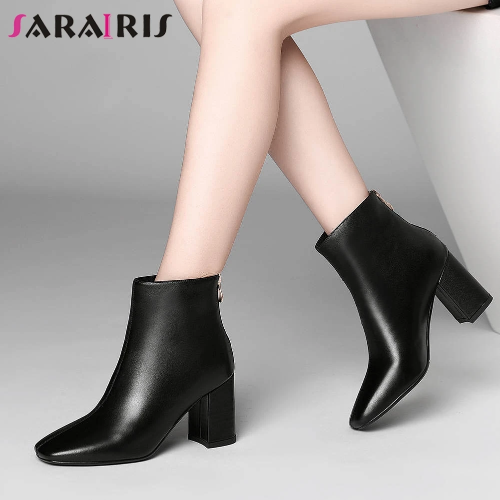 

SARAIRIS Brand Square Toe Booties Ladies OL Black Genuine Leather Ankle Boots Women 2020 High Wide Heels Shoes Woman