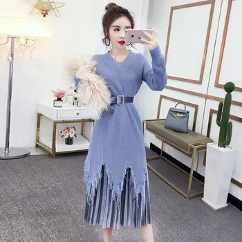 

Two-piece Suit Women 2020 Autumn And Winter Korean Fashion V-neck Fringed Mid-length Knitted Dress + Pleated Skirt