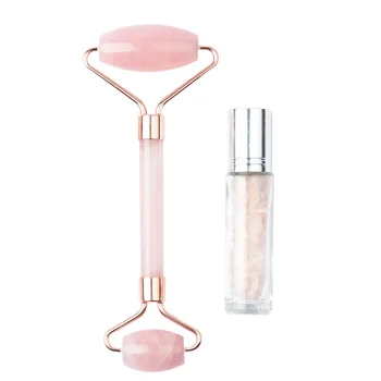

Pink Natural Rose Quartz Jade Roller Gua Sha Board Massager Face Lifting Tool Facial Guasha Massage Gemstone Bottle Kit