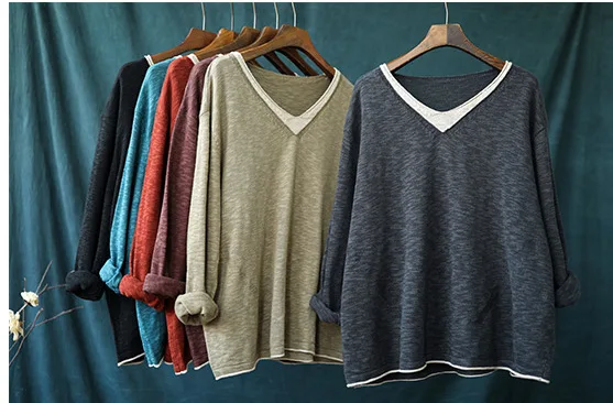 Autumn T-shirt Women Loose Knitting Fake two pieces Pullovers New Ladies Tops V-Neck Casual All-match T-shirt Tops