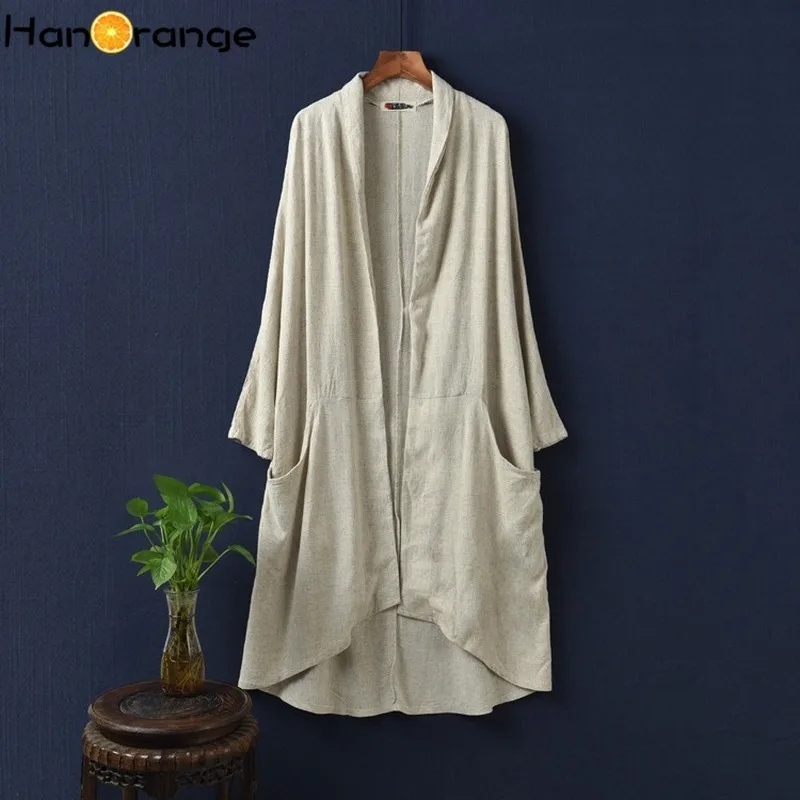 

2019 Autumn Winter Open Stitch Women Linen Long Trench Coat