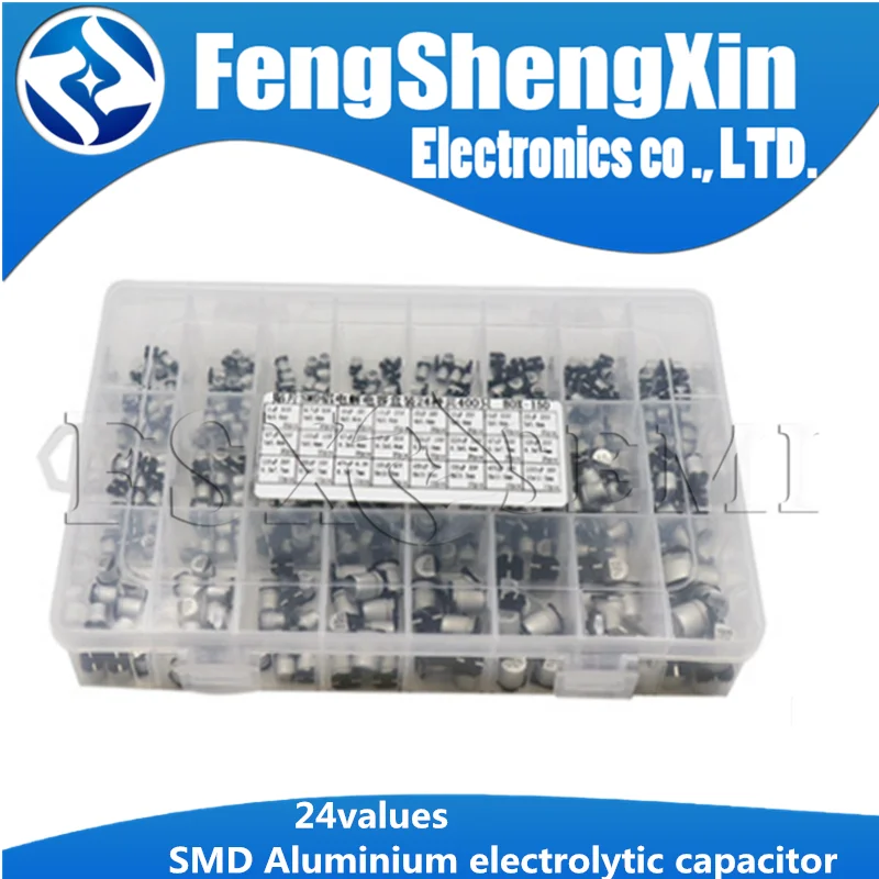 24values 400Pcs 1uF~1000uF 6.3V-50V SMD Aluminum Electrolytic Capacitors Assortment Kit + Box