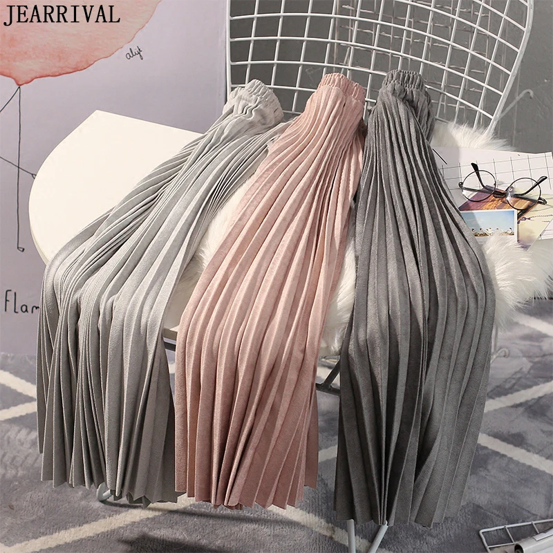 Двухслойная осень-зима замшевые юбки женские длинные плиссированные юбки эластичность Высокая Талия Женская юбка миди Faldas Saias femininas