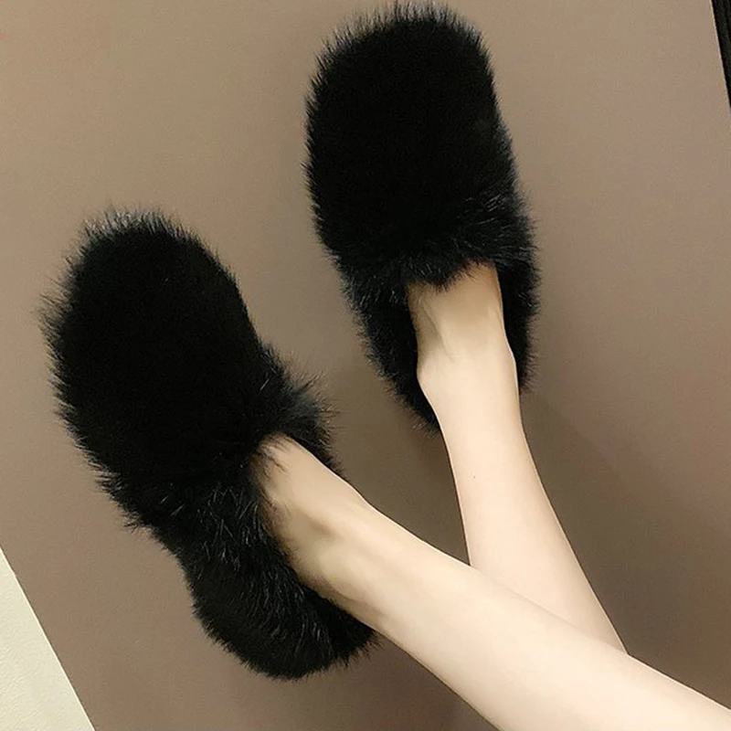 long furry rabbit hair lazy loafers comfortable soft soled casual flats winter luxury fur warm women moccasins slip on loafers