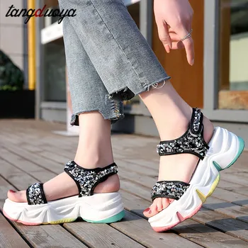

Women's sandals running shoes 2020 summer muffins thick bottom fish mouth sports sandals breathable sequins casual shoes women
