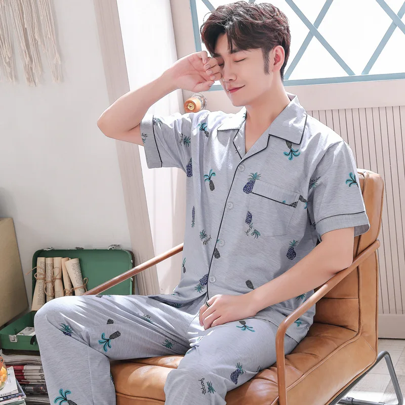 

Pajamas Men Summer Knitted Cotton Short Sleeve Men Trousers Tracksuit Summer Thin Cotton Large Size Set 3878