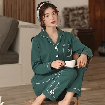 

Pajamas Women Spring and Autumn New Cotton Cardigan Lapel Loose Comfortable Leisure Tops Two-Piece Set